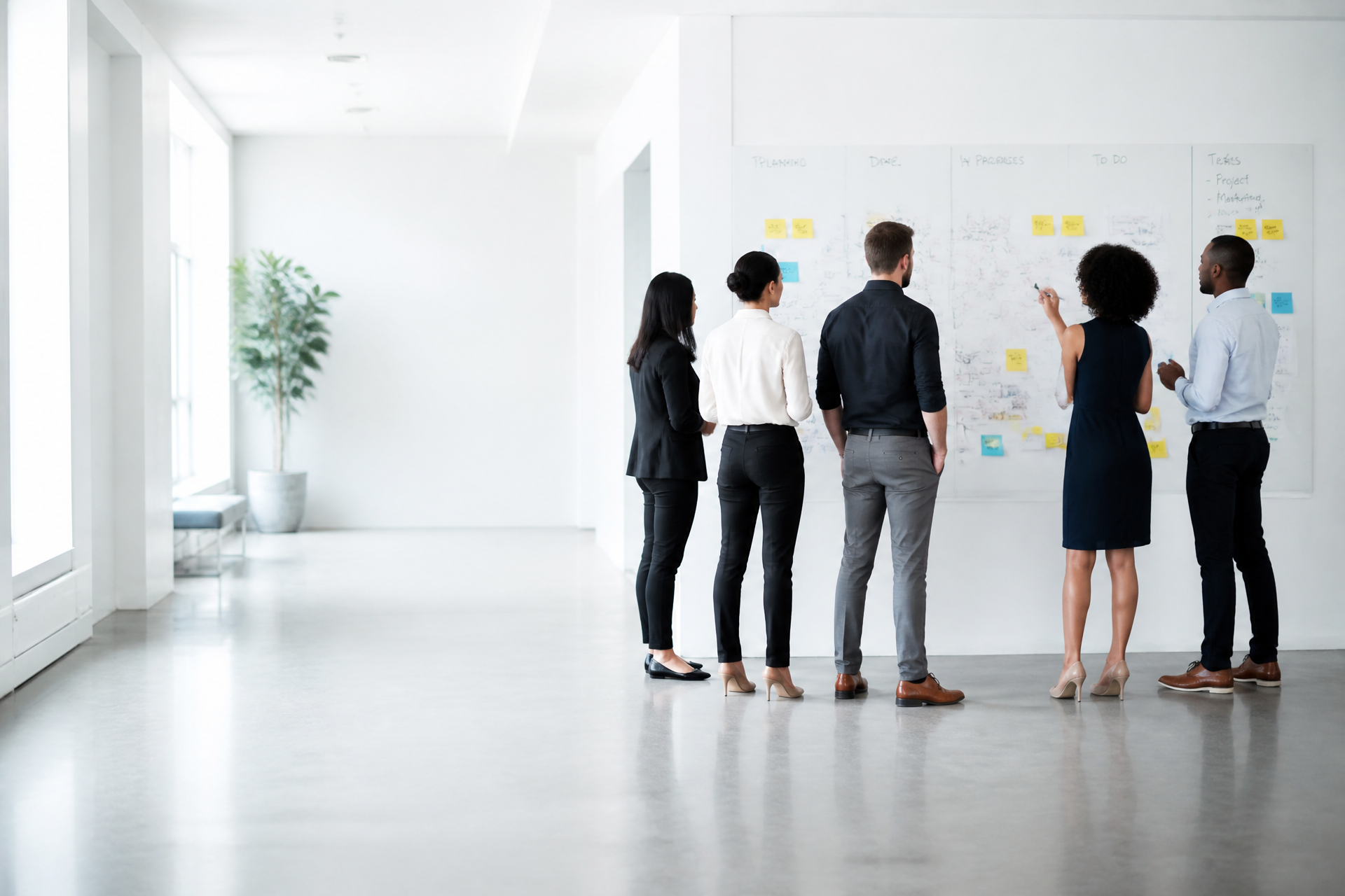 A team of consultants in a workshop around a whiteboard covered in diagrams.