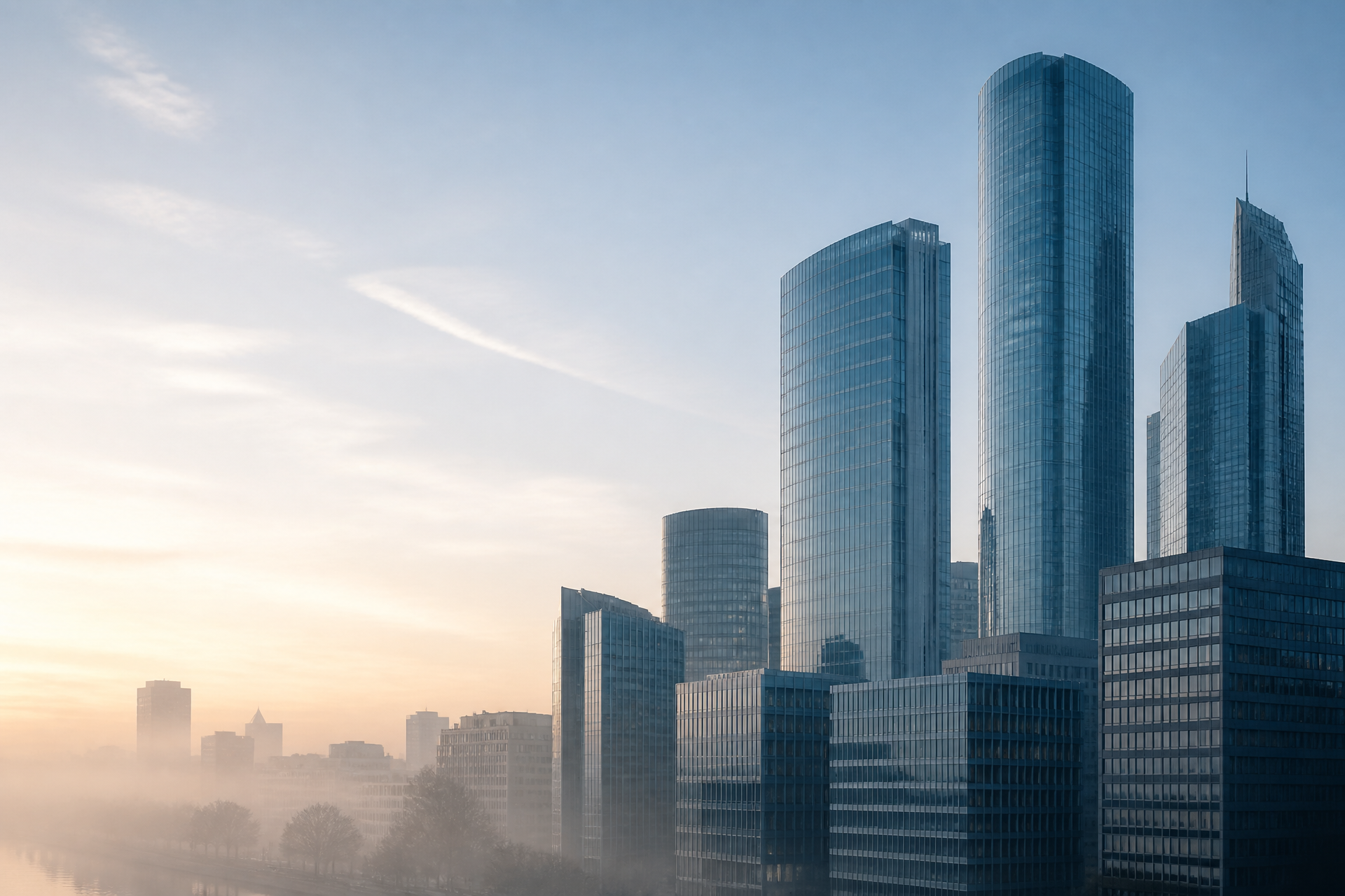 Financial district skyline at early morning, office towers in light mist.