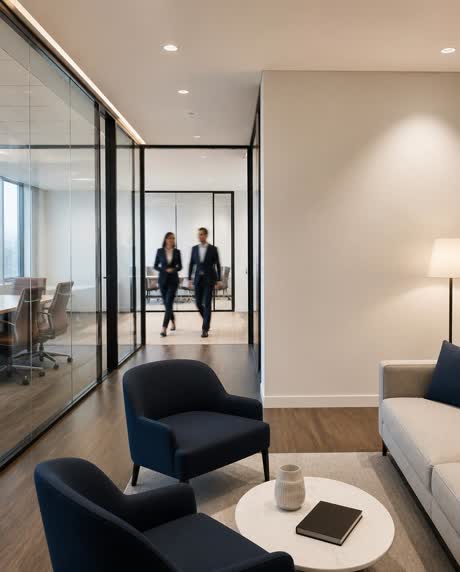 Interior of a modern consulting office, glass partitions and light tones.