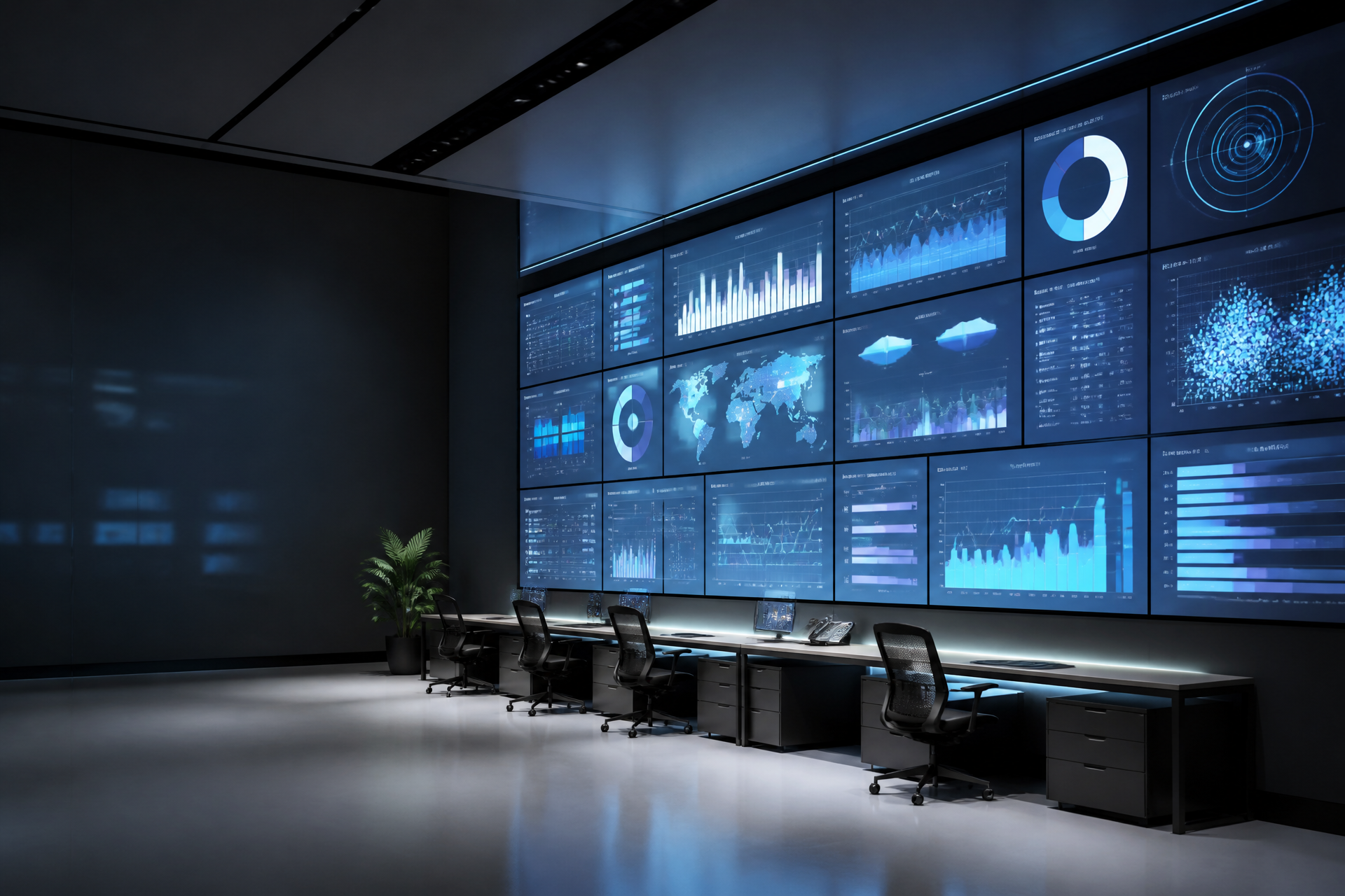Wall of screens showing data dashboards in a control room.