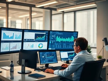 Consultant working in front of several data dashboard screens