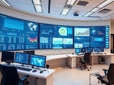 Control room with business dashboards on display