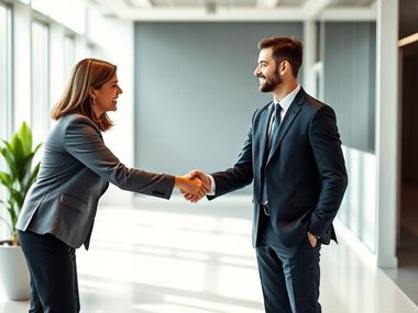 Handshake welcoming a new team member in a bright office